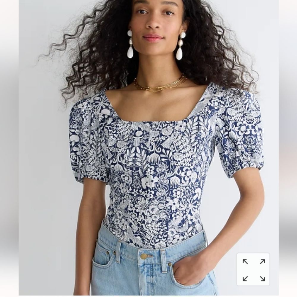 J CREW Cotton Poplin Square Neck Mermaid Print Puff Sleeve Top Size 0